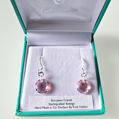 Pink crystal domed disc hook earrings